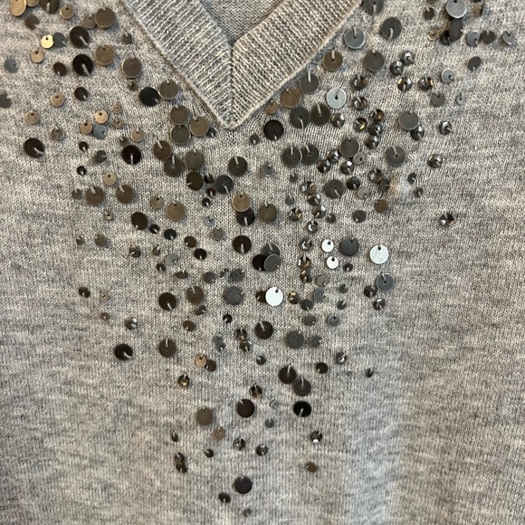 Eileen Fisher Sweater Medium Sequin V-Neck Organic Cotton Cashmere Pullover Gray - Picture 7 of 7